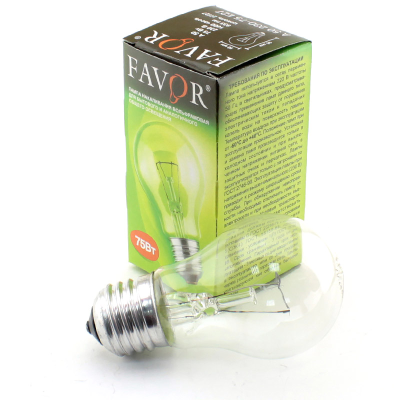 Лампа накал. FAVOR A50 75W E27 CL груша прозрачная