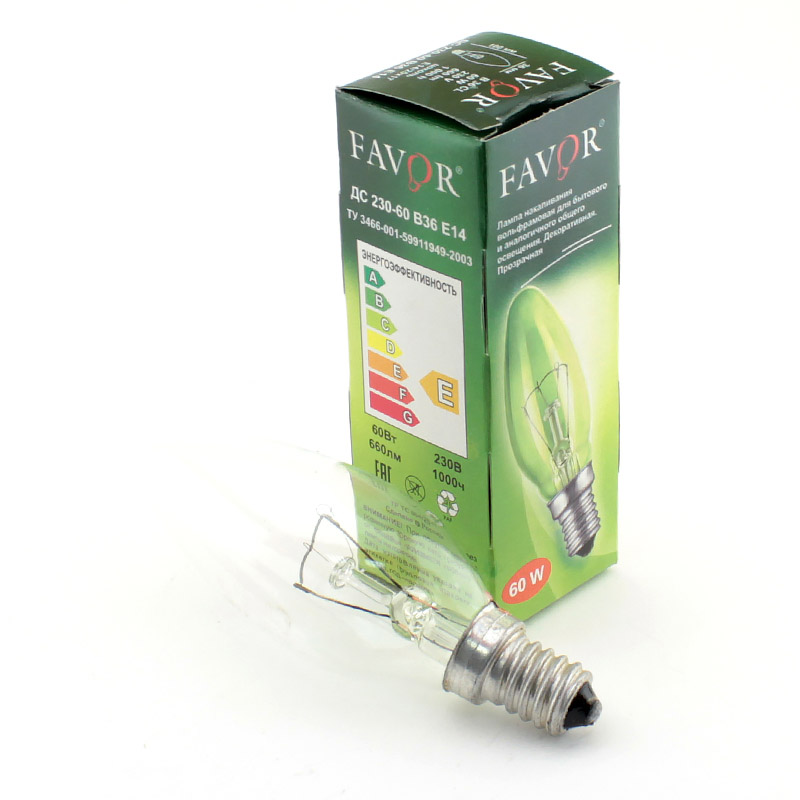 Лампа накал. FAVOR B36 60W E14 CL (миньон) свеча прозрачная (ДС 230-60 E14)