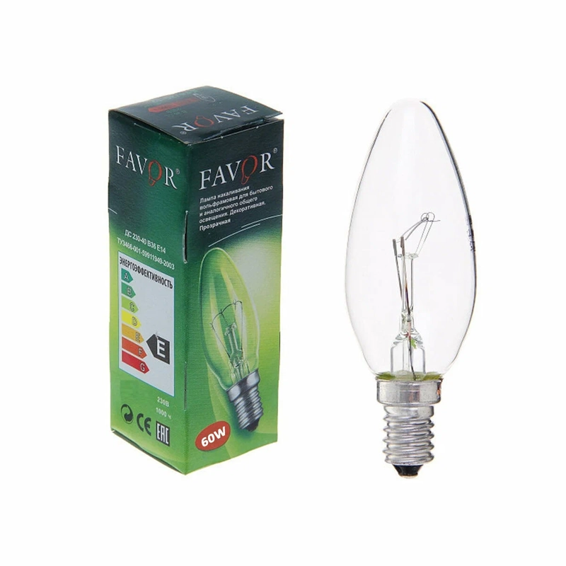 Лампа накал. FAVOR B36 60W E27 CL свеча прозрачная (ДС 230-60 E27)