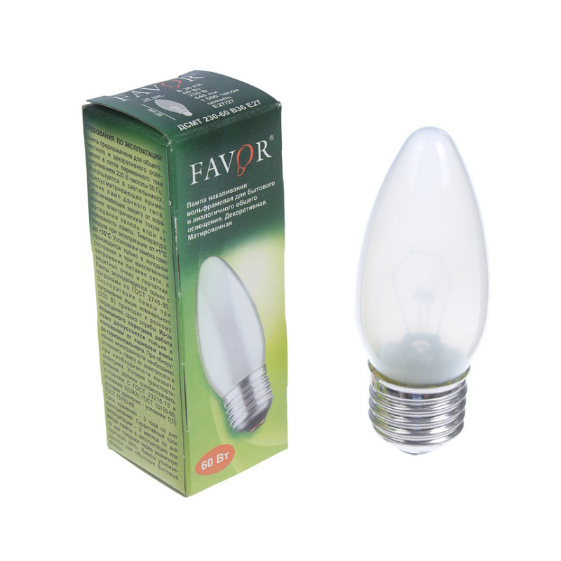 Лампа накал. FAVOR B36 60W E27 FR свеча матовая (ДСМТ 230-60 E27)