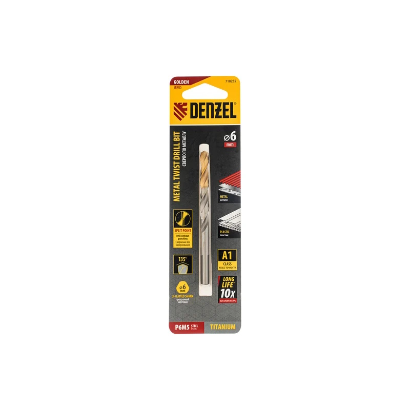 Сверло спиральное по металлу 6 x 93мм, Р6М5, Golden Tip // Denzel