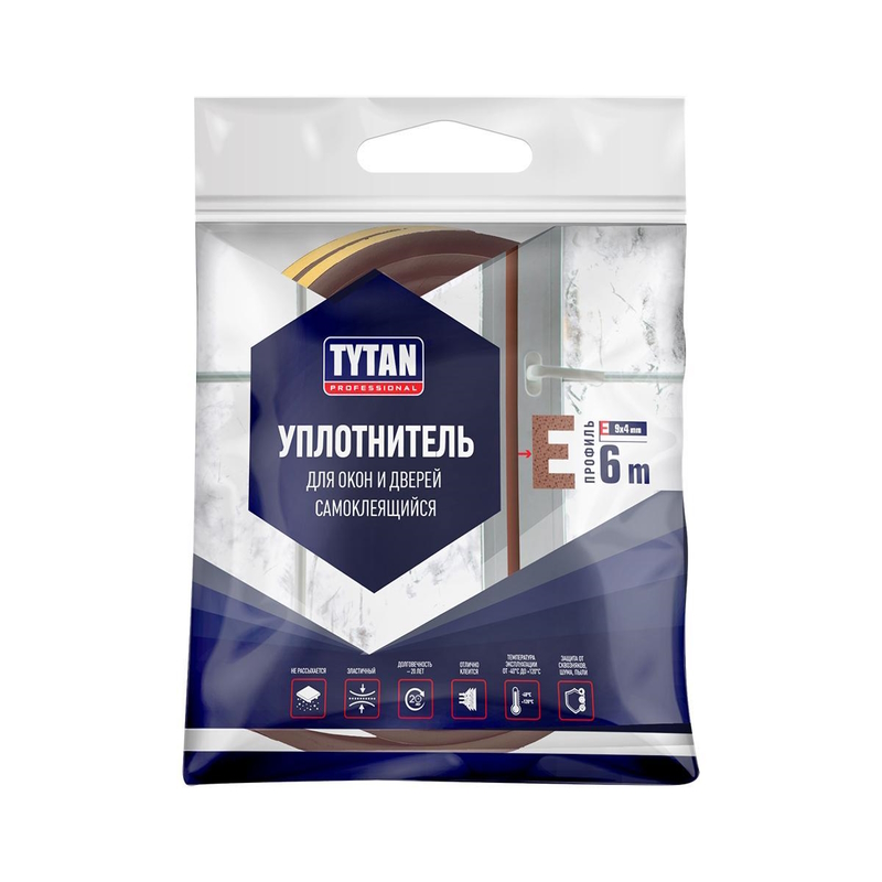 Уплотнитель профиль E 9 X 4 мм коричневый 6 м Tytan
