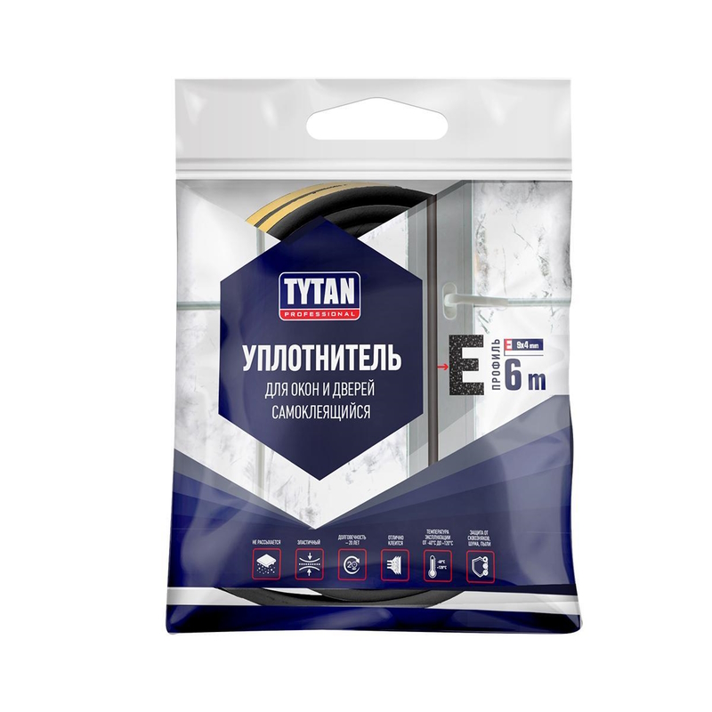 Уплотнитель профиль E 9 X 4 мм черный 6 м Tytan