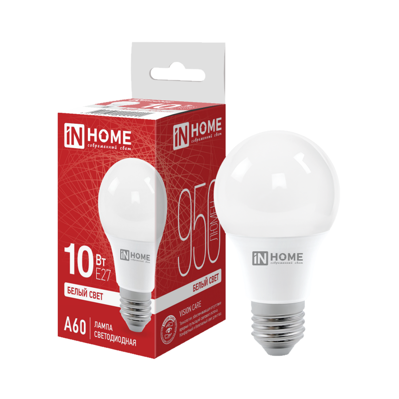 Лампа светодиодная LED-A60-VC 10Вт 230В Е27 4000К 950Лм IN HOME