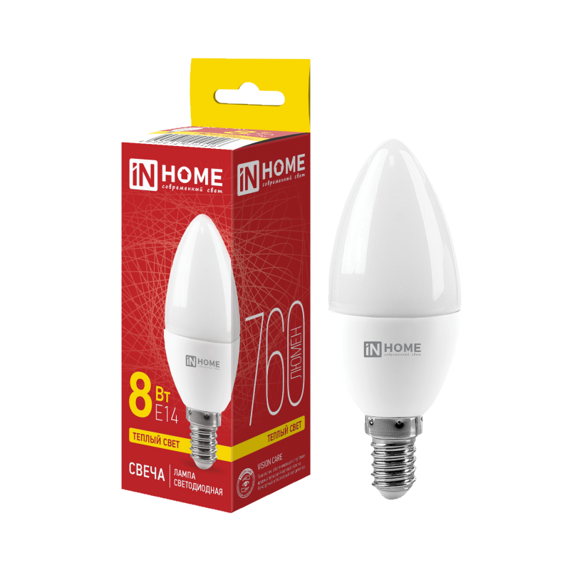 Лампа светодиодная LED-СВЕЧА-VC 8Вт 230В Е14 3000К 760Лм IN HOME