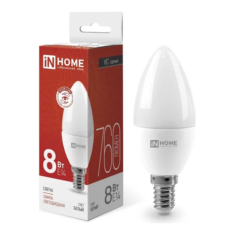 Лампа светодиодная LED-СВЕЧА-VC 8Вт 230В Е14 4000К 760Лм IN HOME