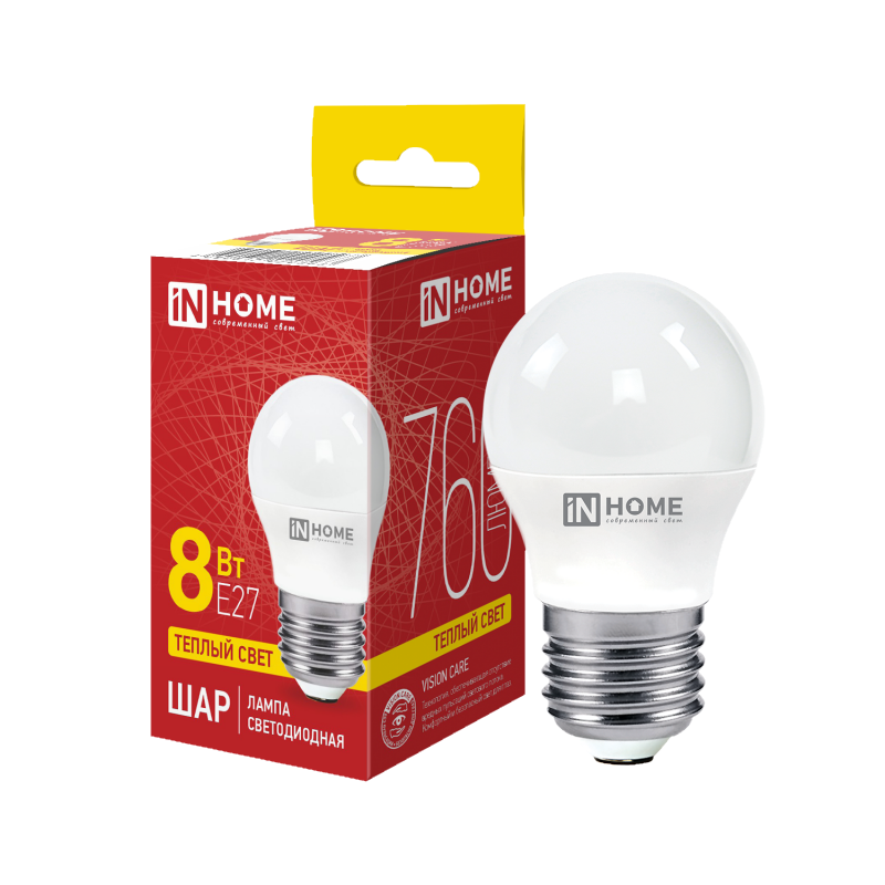 Лампа светодиодная LED-ШАР-VC 8Вт 230В Е27 3000К 760Лм IN HOME