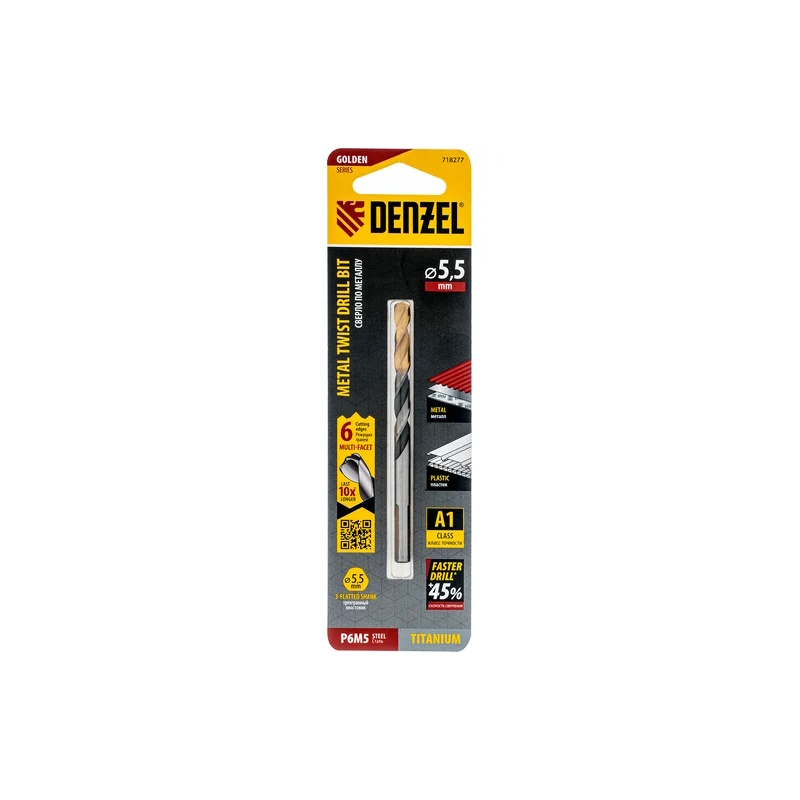 Сверло спиральное по металлу 5,5 x 93мм, Р6М5, Golden Tip, многогранная заточка// Denzel